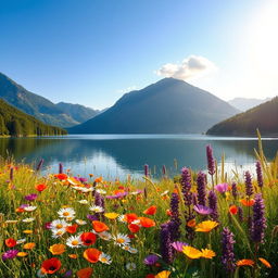 A serene, enchanting landscape featuring a tranquil lake surrounded by lush greenery and towering mountains under a clear blue sky