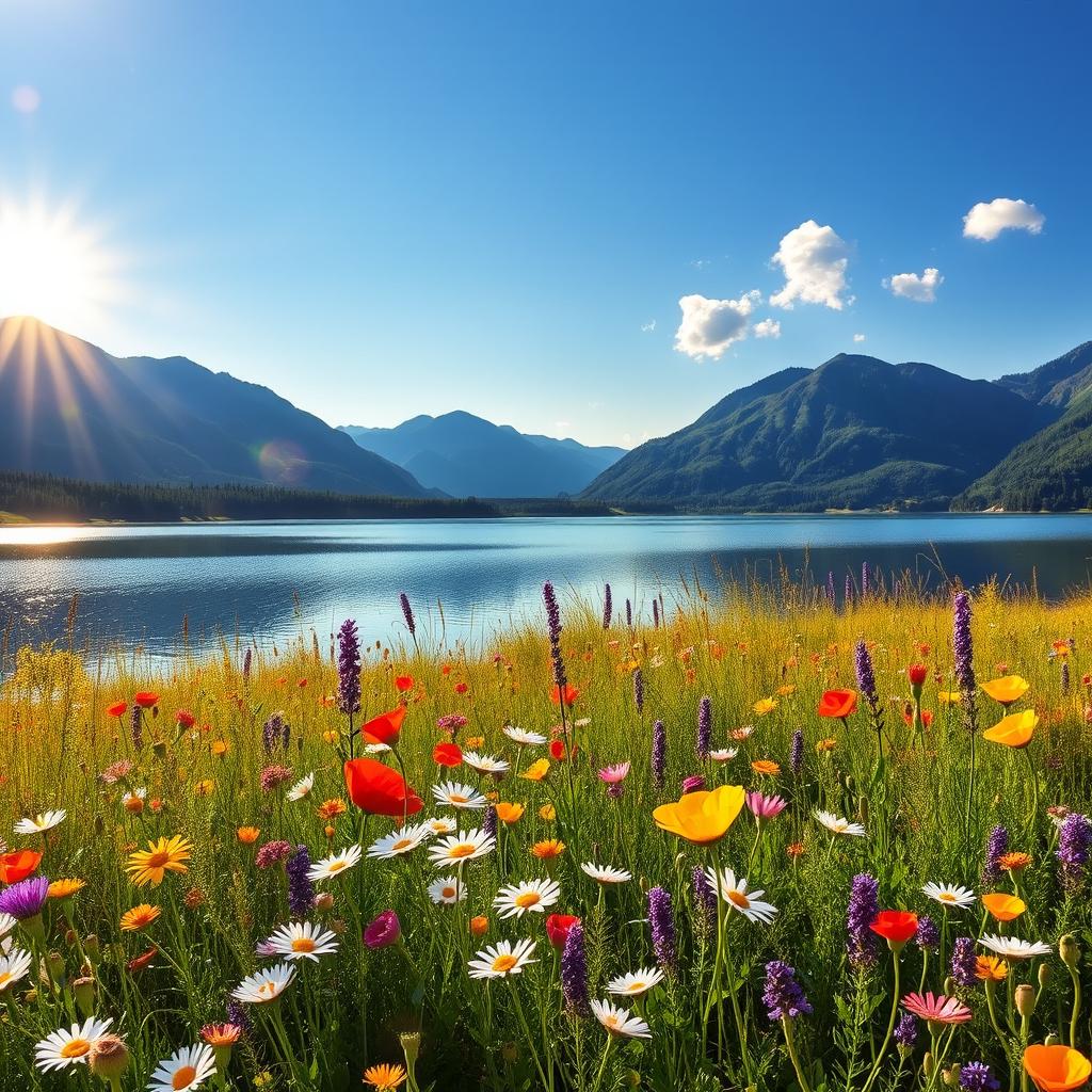 A serene, enchanting landscape featuring a tranquil lake surrounded by lush greenery and towering mountains under a clear blue sky