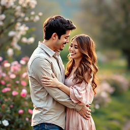 A cute couple embracing in a warm, soft light, showcasing their love and affection