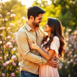 A cute couple embracing in a warm, soft light, showcasing their love and affection