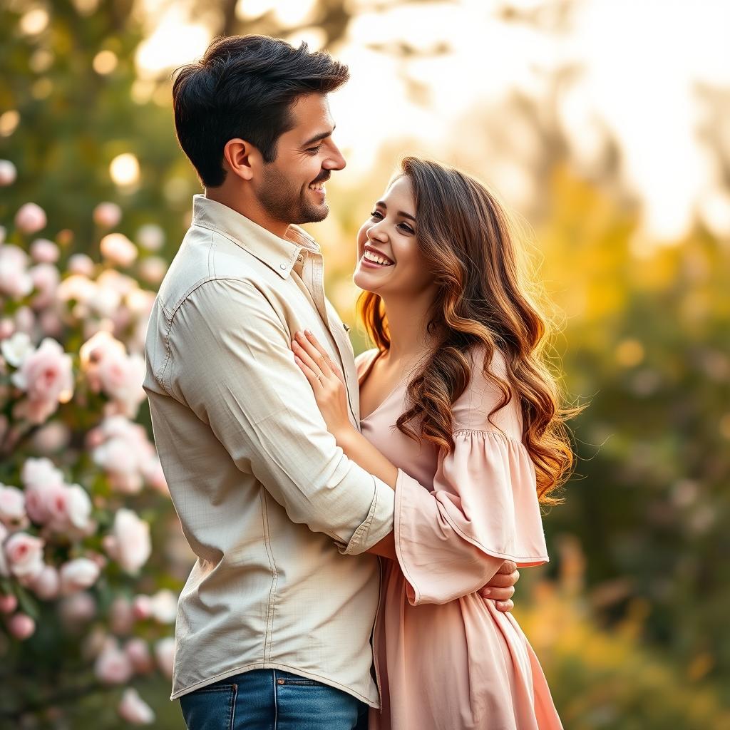 A cute couple embracing in a warm, soft light, showcasing their love and affection