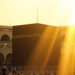 A serene view of the holy Kaaba in Mecca, bathed in soft, warm golden light