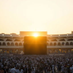 A serene view of the holy Kaaba in Mecca, bathed in soft, warm golden light