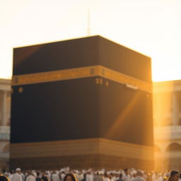 A serene view of the holy Kaaba in Mecca, bathed in soft, warm golden light
