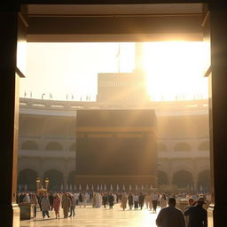 A serene view of the holy Kaaba in Mecca, bathed in soft, warm golden light