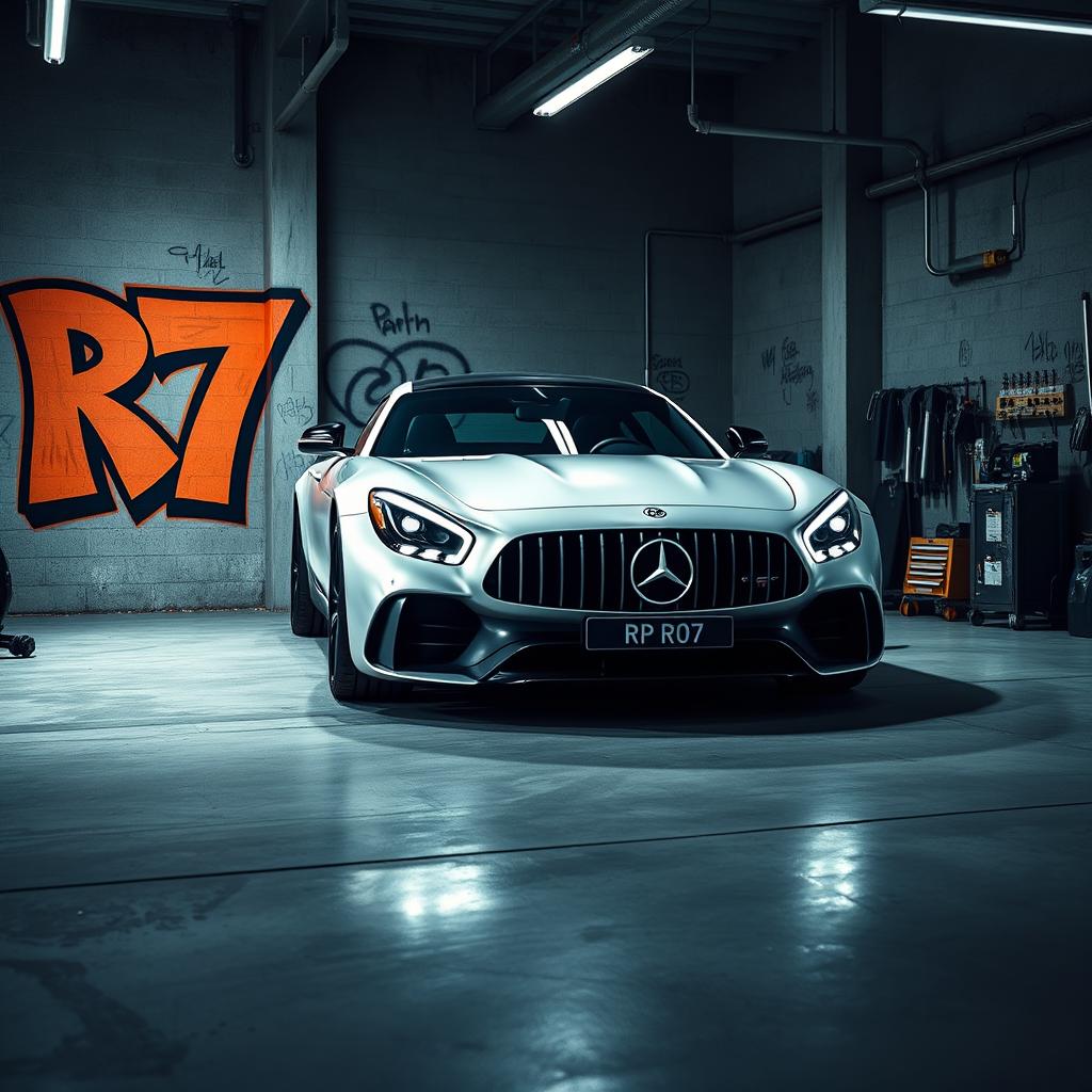 A stunning Mercedes-Benz R7 car parked inside a very cool and edgy garage