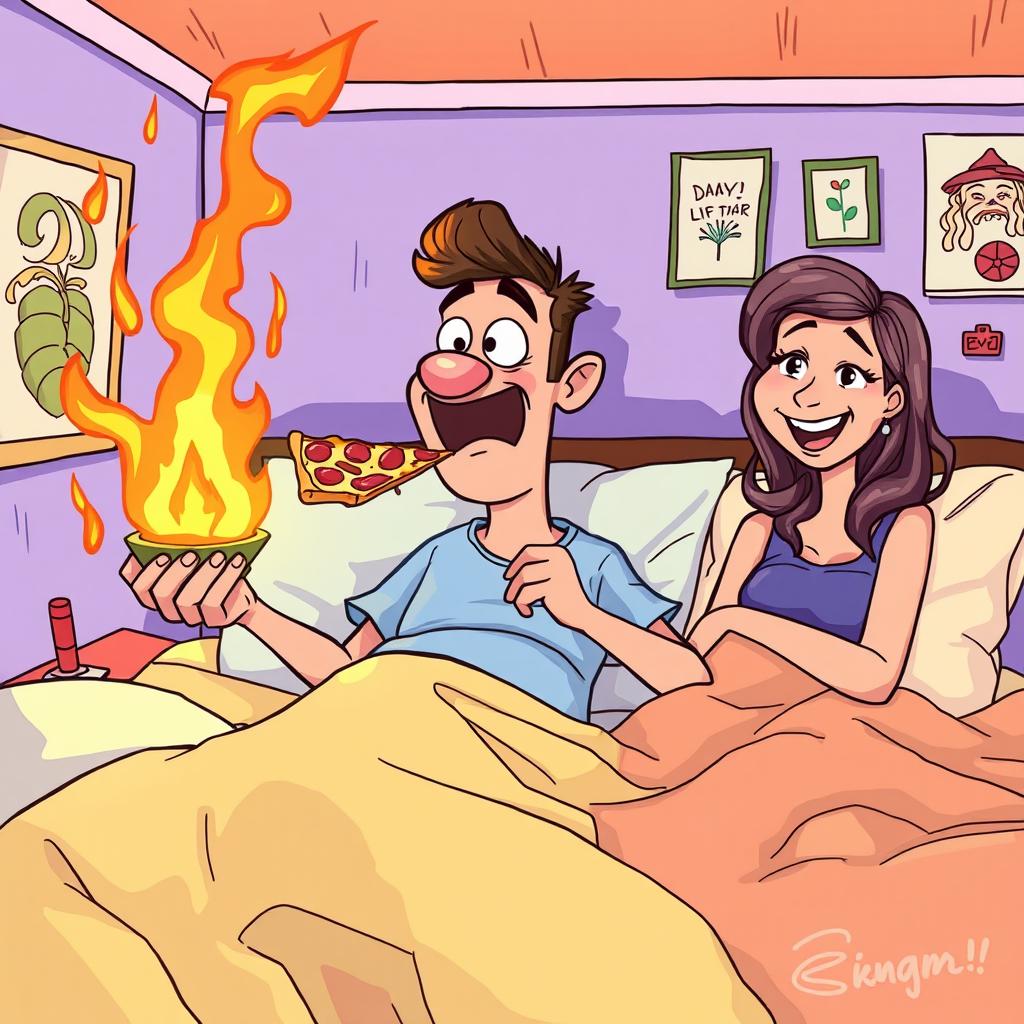 A humorous cartoon scene depicting a goofy man in a colorful bedroom, sitting up in bed while eating a large slice of pizza