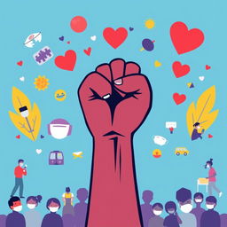 A powerful and artistic representation of a symbol for social justice during the pandemic, such as a raised fist combined with a heart, illustrating unity, compassion, and resilience