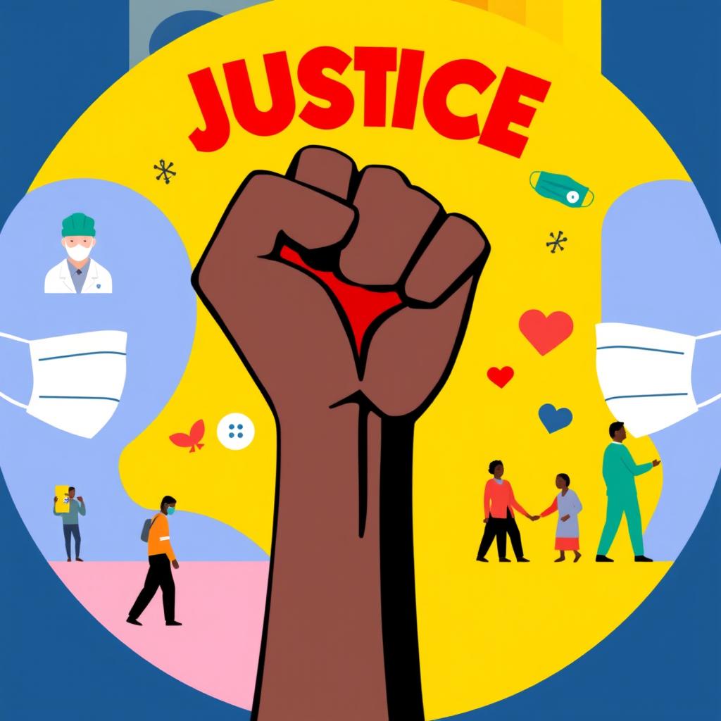 A powerful and artistic representation of a symbol for social justice during the pandemic, such as a raised fist combined with a heart, illustrating unity, compassion, and resilience