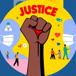 A powerful and artistic representation of a symbol for social justice during the pandemic, such as a raised fist combined with a heart, illustrating unity, compassion, and resilience