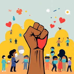 A powerful and artistic representation of a symbol for social justice during the pandemic, such as a raised fist combined with a heart, illustrating unity, compassion, and resilience
