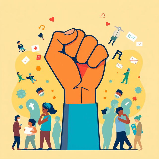 A powerful and artistic representation of a symbol for social justice during the pandemic, such as a raised fist combined with a heart, illustrating unity, compassion, and resilience