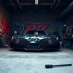 A sleek and powerful Mercedes-Benz R7 car parked inside a very cool and edgy garage