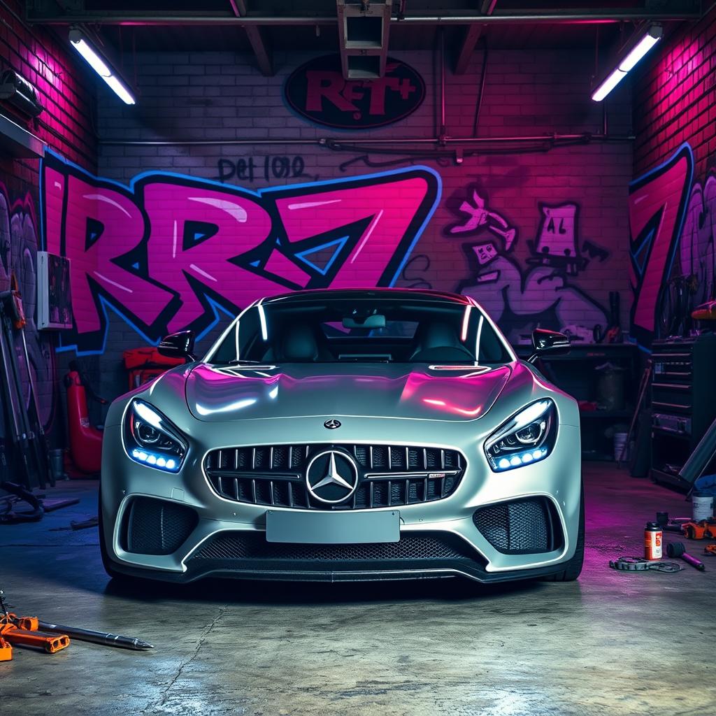 A sleek and powerful Mercedes-Benz R7 car parked inside a very cool and edgy garage