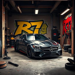 A sleek and powerful Mercedes-Benz R7 car parked inside a very cool and edgy garage