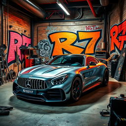 A sleek and powerful Mercedes-Benz R7 car parked inside a very cool and edgy garage