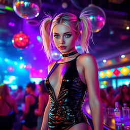a stylish blonde with a petite and slender frame, showcasing a sleek latex outfit that highlights her fashionable edge