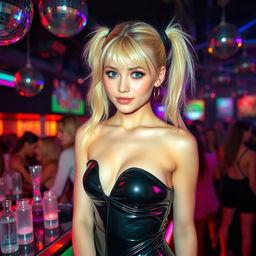 a stylish blonde with a petite and slender frame, showcasing a sleek latex outfit that highlights her fashionable edge