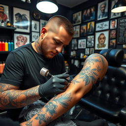 A skilled tattoo artist in a well-equipped tattoo parlor, focused on tattooing a human arm