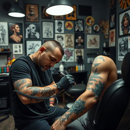 A skilled tattoo artist in a well-equipped tattoo parlor, focused on tattooing a human arm