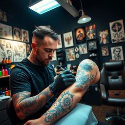 A skilled tattoo artist in a well-equipped tattoo parlor, focused on tattooing a human arm