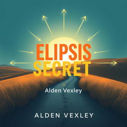 A flat book cover design titled 'Elipsis Secrets' in bold, eye-catching large font at the center, utilizing an intriguing color contrast, placed on a serene landscape background