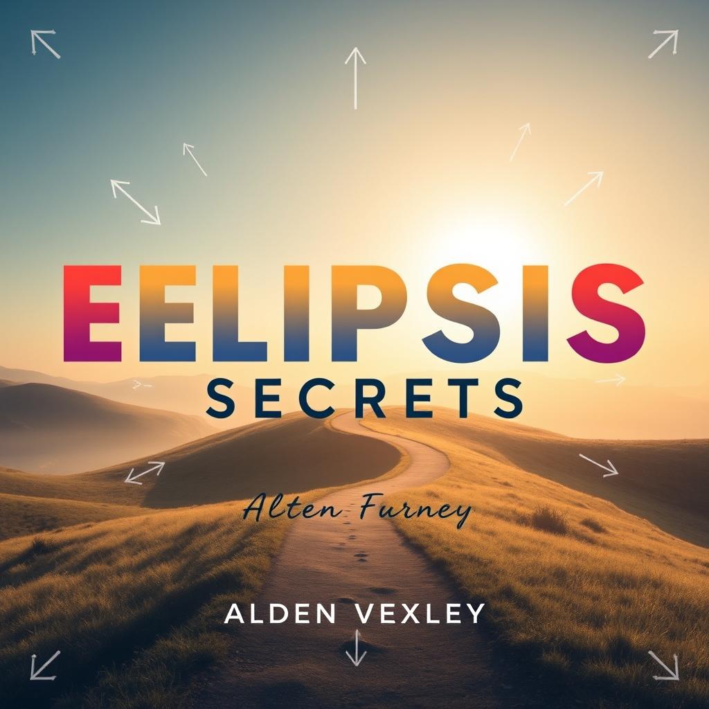 A flat book cover design titled 'Elipsis Secrets' in bold, eye-catching large font at the center, utilizing an intriguing color contrast, placed on a serene landscape background