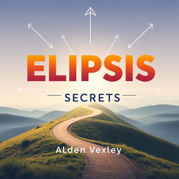 A flat book cover design titled 'Elipsis Secrets' in bold, eye-catching large font at the center, utilizing an intriguing color contrast, placed on a serene landscape background