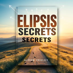 A flat book cover design titled 'Elipsis Secrets' in bold, eye-catching large font at the center, utilizing an intriguing color contrast, placed on a serene landscape background