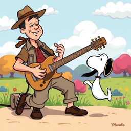 A whimsical illustration featuring a man passionately playing the guitar, inspired by classic cartoon styles like those seen in Peanuts