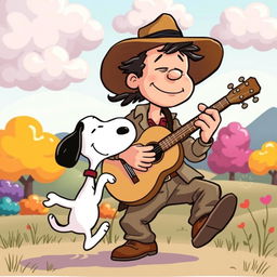 A whimsical illustration featuring a man passionately playing the guitar, inspired by classic cartoon styles like those seen in Peanuts