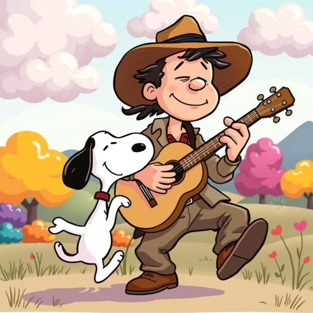 A whimsical illustration featuring a man passionately playing the guitar, inspired by classic cartoon styles like those seen in Peanuts