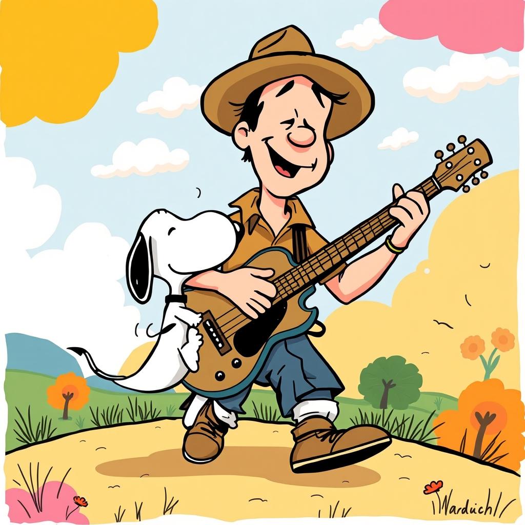 A whimsical illustration featuring a man passionately playing the guitar, inspired by classic cartoon styles like those seen in Peanuts