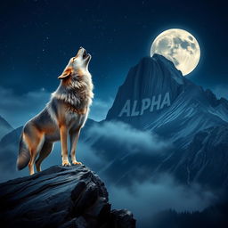 A majestic wolf howling atop a mountain under a starry night sky