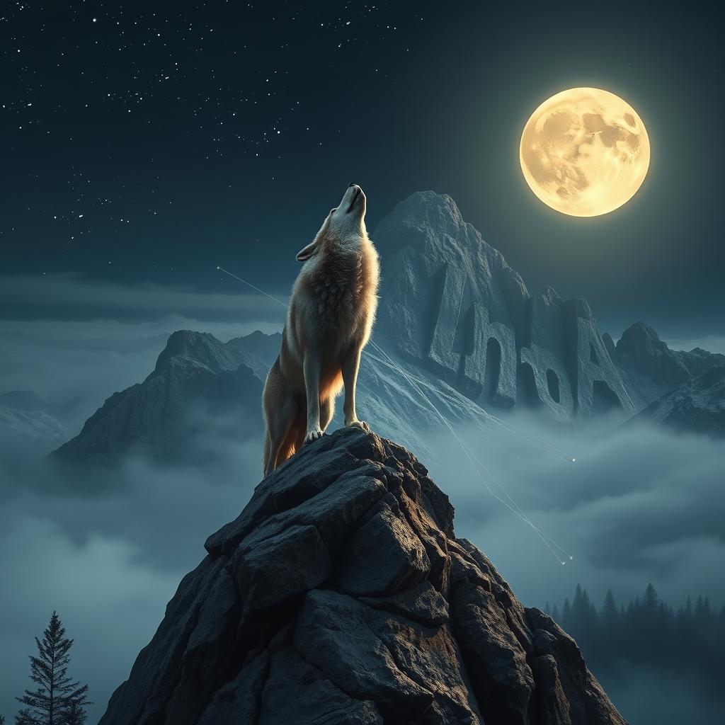 A majestic wolf howling atop a mountain under a starry night sky