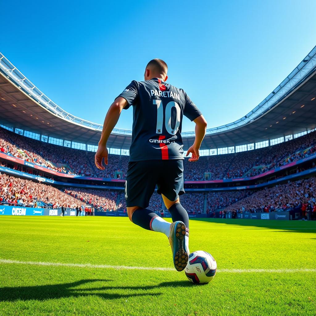 A soccer player in an action pose, wearing a Paris Saint-Germain (PSG) jersey, with the number 10 on the back, surrounded by a vibrant stadium filled with enthusiastic fans