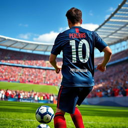 A soccer player in an action pose, wearing a Paris Saint-Germain (PSG) jersey, with the number 10 on the back, surrounded by a vibrant stadium filled with enthusiastic fans