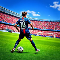 A soccer player in an action pose, wearing a Paris Saint-Germain (PSG) jersey, with the number 10 on the back, surrounded by a vibrant stadium filled with enthusiastic fans