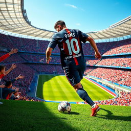 A soccer player in an action pose, wearing a Paris Saint-Germain (PSG) jersey, with the number 10 on the back, surrounded by a vibrant stadium filled with enthusiastic fans