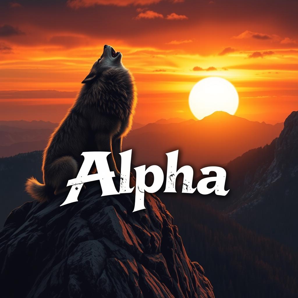 A powerful wolf howling on a mountain peak under a dramatic sunset sky