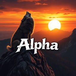 A powerful wolf howling on a mountain peak under a dramatic sunset sky