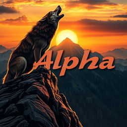 A powerful wolf howling on a mountain peak under a dramatic sunset sky