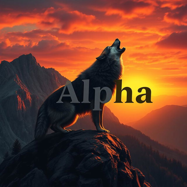 A powerful wolf howling on a mountain peak under a dramatic sunset sky
