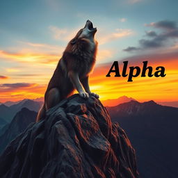 A powerful wolf howling on a mountain peak under a dramatic sunset sky