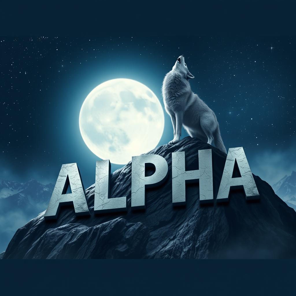 A powerful wolf howling atop a majestic mountain, its fur shimmering in the moonlight