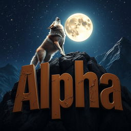 A powerful wolf howling atop a majestic mountain, its fur shimmering in the moonlight