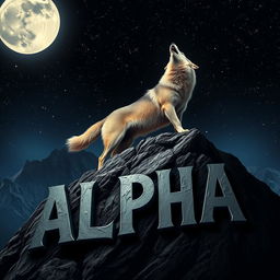A powerful wolf howling atop a majestic mountain, its fur shimmering in the moonlight
