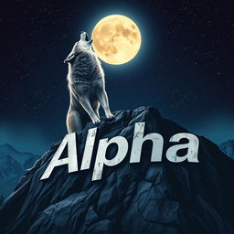 A powerful wolf howling atop a majestic mountain, its fur shimmering in the moonlight