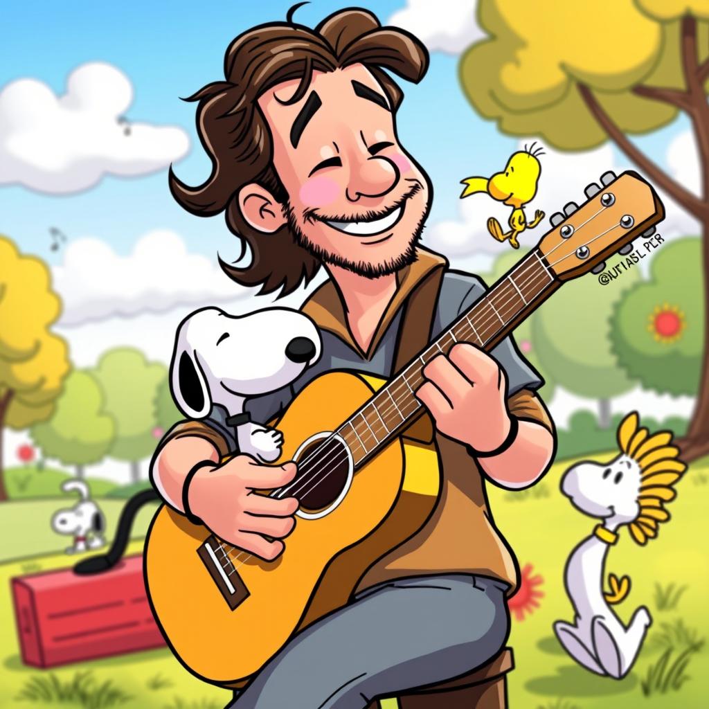 A vibrant and whimsical scene depicting Jorge Drexler playing an acoustic guitar in a colorful Snoopy cartoon setting