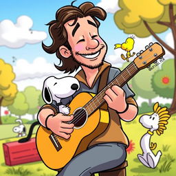 A vibrant and whimsical scene depicting Jorge Drexler playing an acoustic guitar in a colorful Snoopy cartoon setting